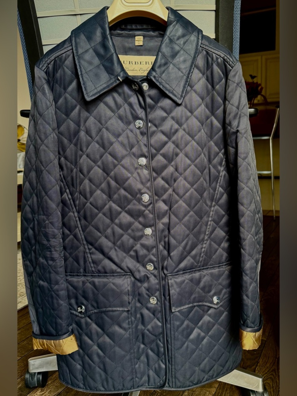 Burberry Black Quilted Jacket with Tan Trim sz L